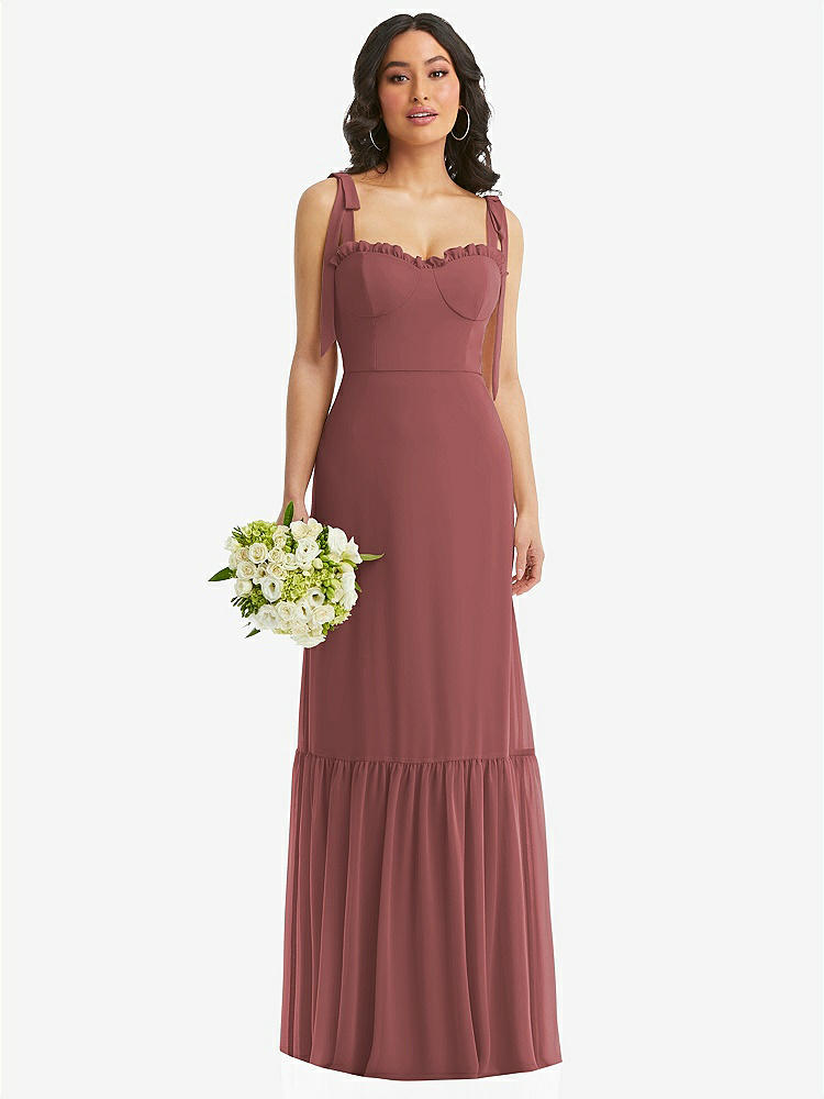 【STYLE: 1570】Tie-Shoulder Bustier Bodice Ruffle-Hem Maxi Dress【COLOR: English Rose】