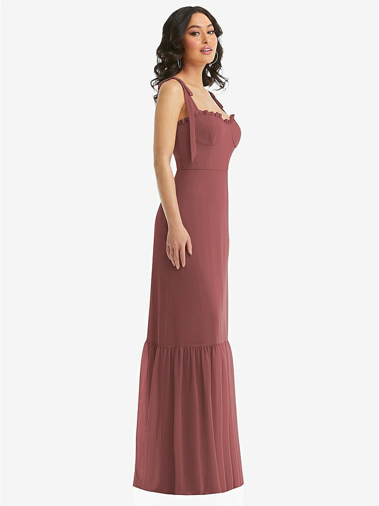 【STYLE: 1570】Tie-Shoulder Bustier Bodice Ruffle-Hem Maxi Dress【COLOR: English Rose】