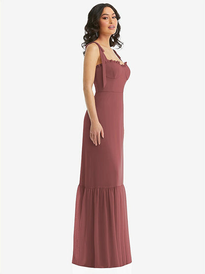 【STYLE: 1570】Tie-Shoulder Bustier Bodice Ruffle-Hem Maxi Dress【COLOR: English Rose】