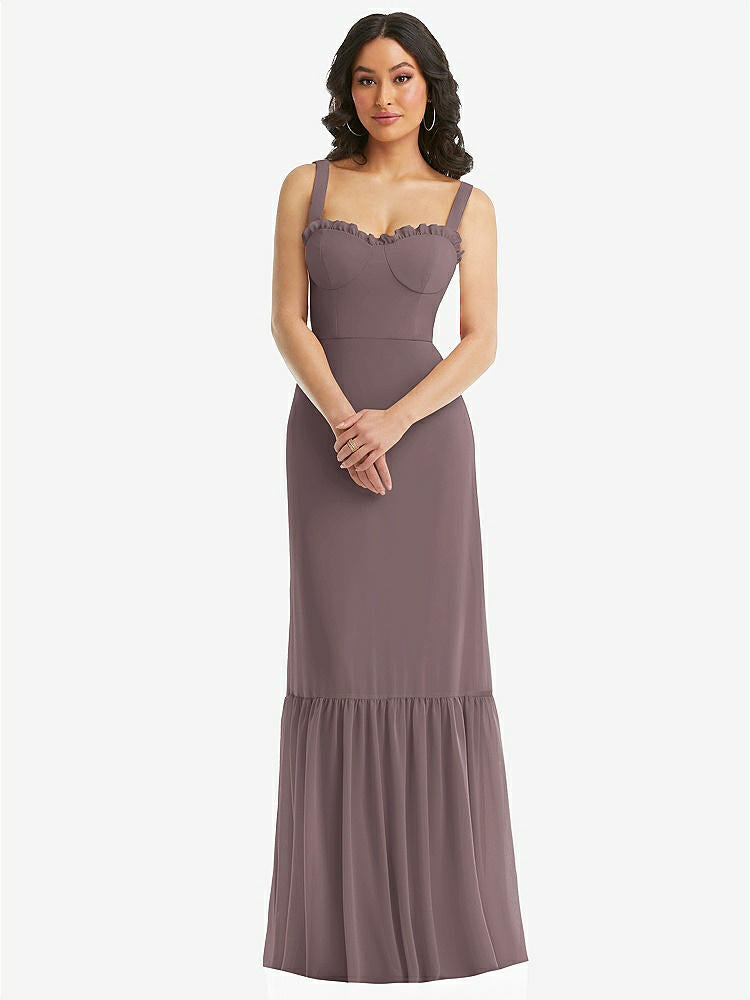 【STYLE: 1570】Tie-Shoulder Bustier Bodice Ruffle-Hem Maxi Dress【COLOR: French Truffle】