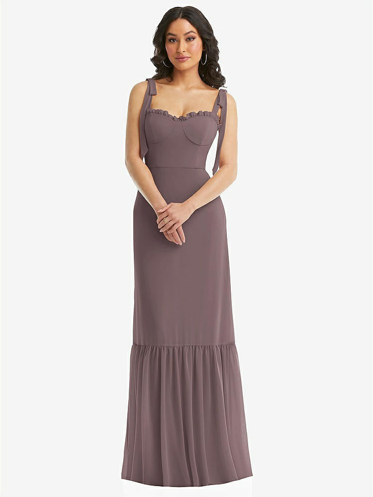 【STYLE: 1570】Tie-Shoulder Bustier Bodice Ruffle-Hem Maxi Dress【COLOR: French Truffle】
