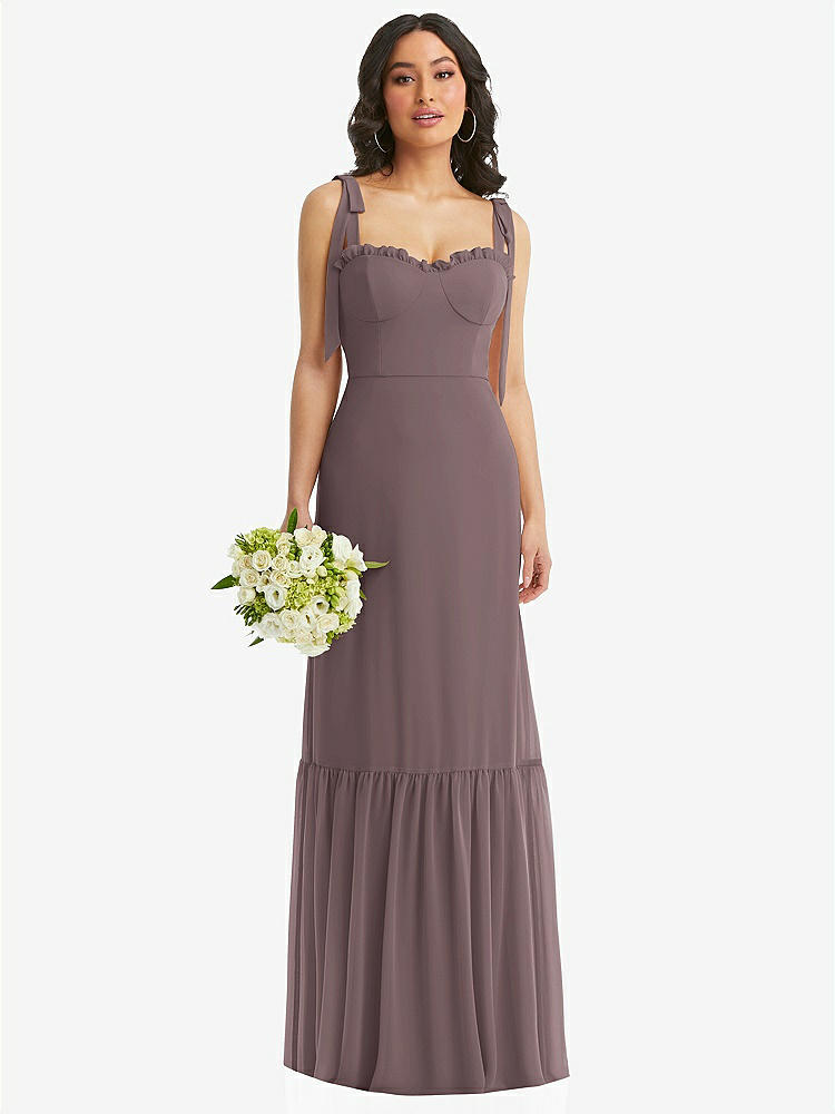 【STYLE: 1570】Tie-Shoulder Bustier Bodice Ruffle-Hem Maxi Dress【COLOR: French Truffle】