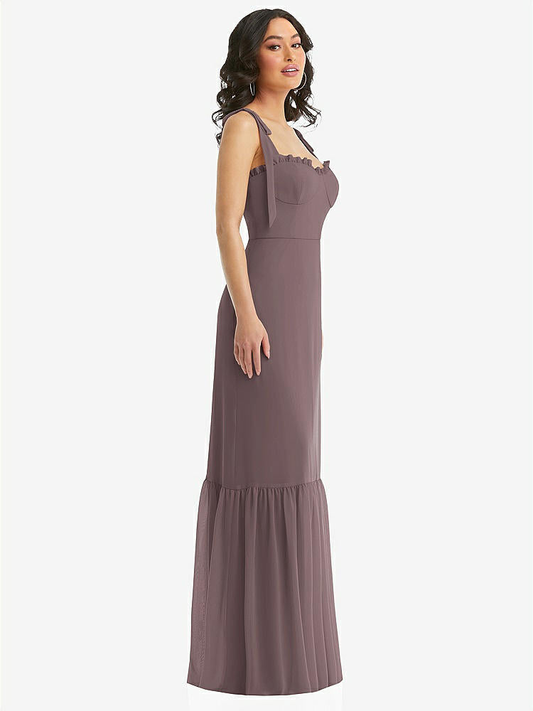 【STYLE: 1570】Tie-Shoulder Bustier Bodice Ruffle-Hem Maxi Dress【COLOR: French Truffle】