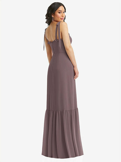 【STYLE: 1570】Tie-Shoulder Bustier Bodice Ruffle-Hem Maxi Dress【COLOR: French Truffle】