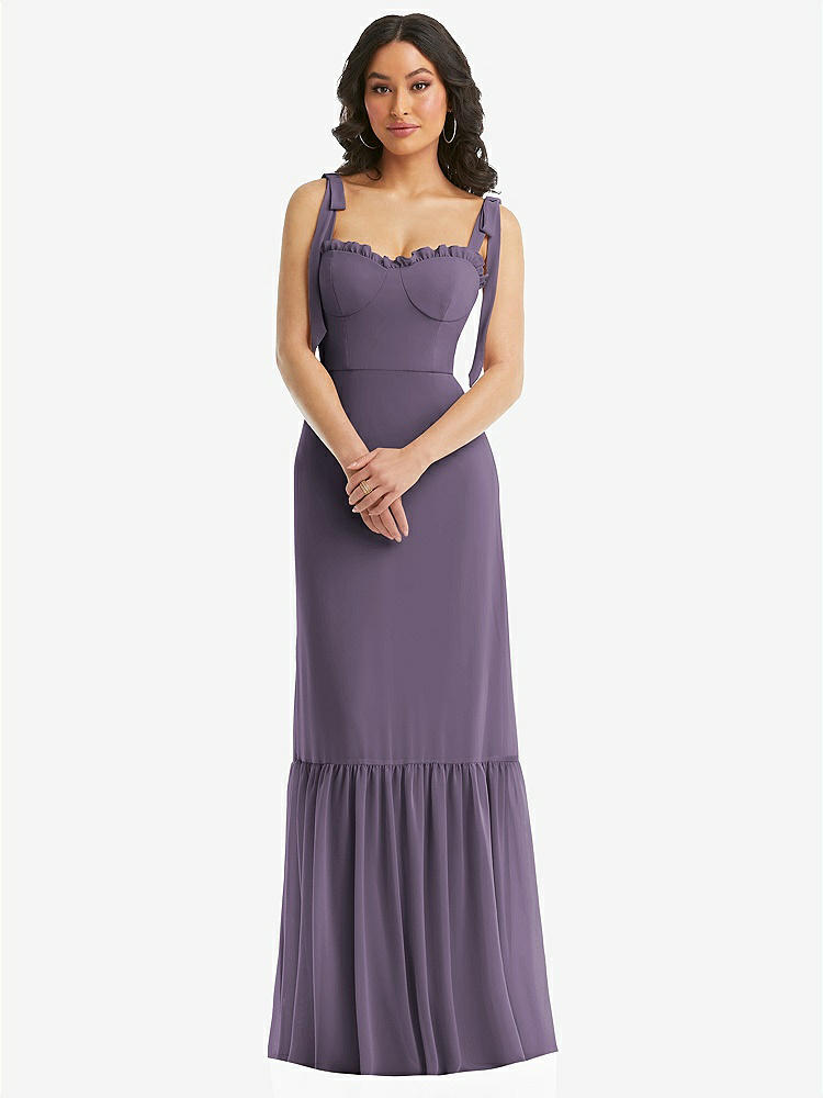 【STYLE: 1570】Tie-Shoulder Bustier Bodice Ruffle-Hem Maxi Dress【COLOR: Lavender】