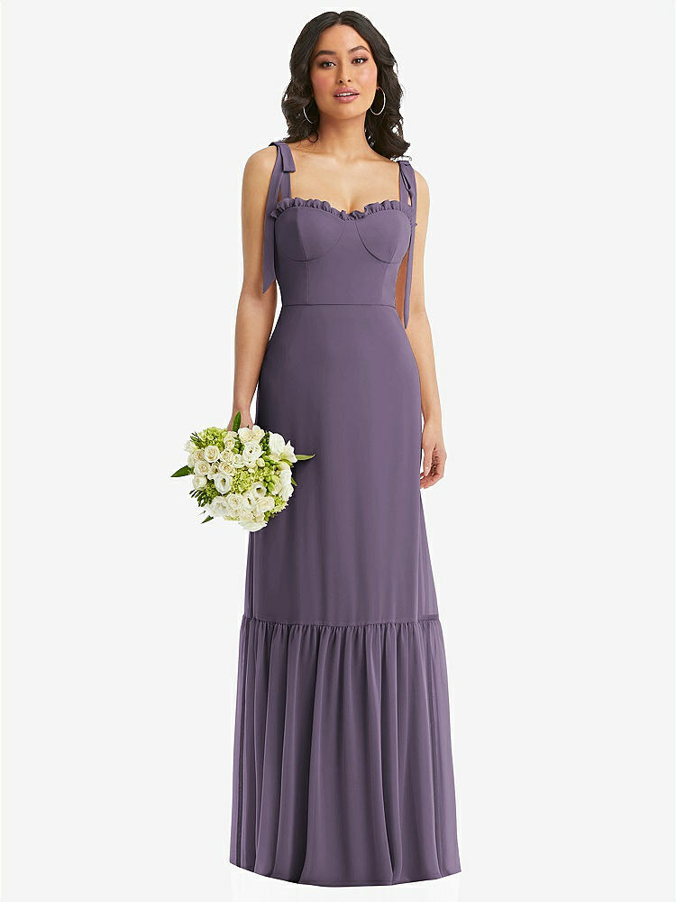 【STYLE: 1570】Tie-Shoulder Bustier Bodice Ruffle-Hem Maxi Dress【COLOR: Lavender】