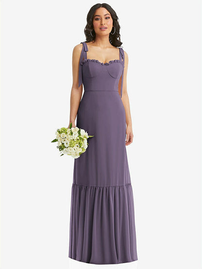 【STYLE: 1570】Tie-Shoulder Bustier Bodice Ruffle-Hem Maxi Dress【COLOR: Lavender】