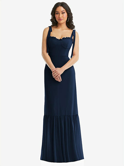 【STYLE: 1570】Tie-Shoulder Bustier Bodice Ruffle-Hem Maxi Dress【COLOR: Midnight Navy】
