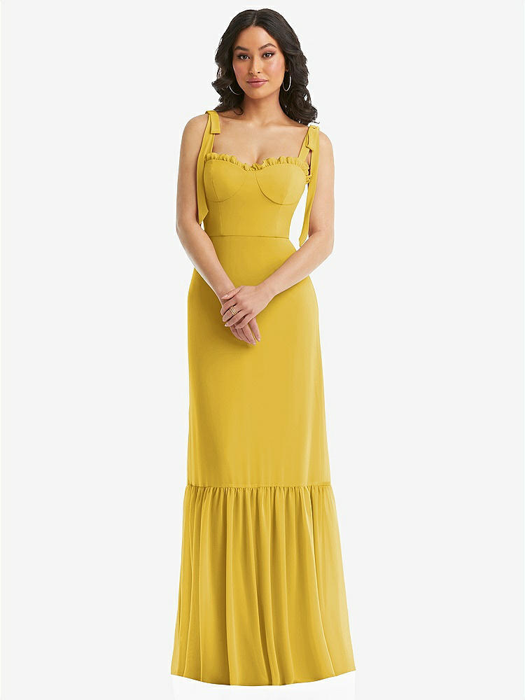【STYLE: 1570】Tie-Shoulder Bustier Bodice Ruffle-Hem Maxi Dress【COLOR: Marigold】