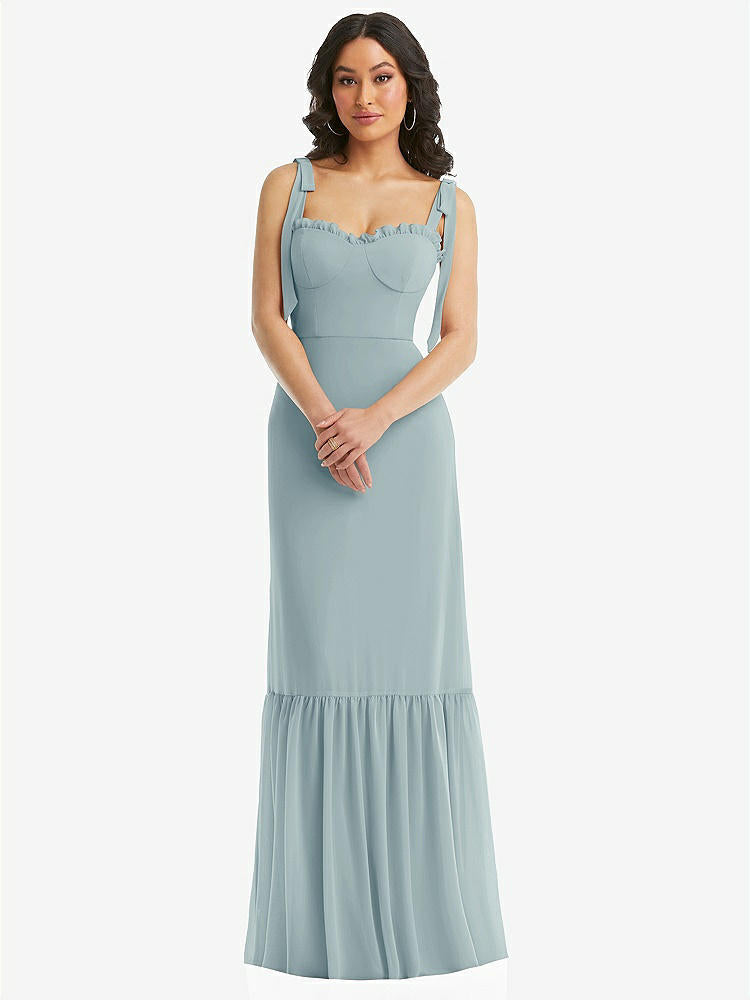 【STYLE: 1570】Tie-Shoulder Bustier Bodice Ruffle-Hem Maxi Dress【COLOR: Morning Sky】