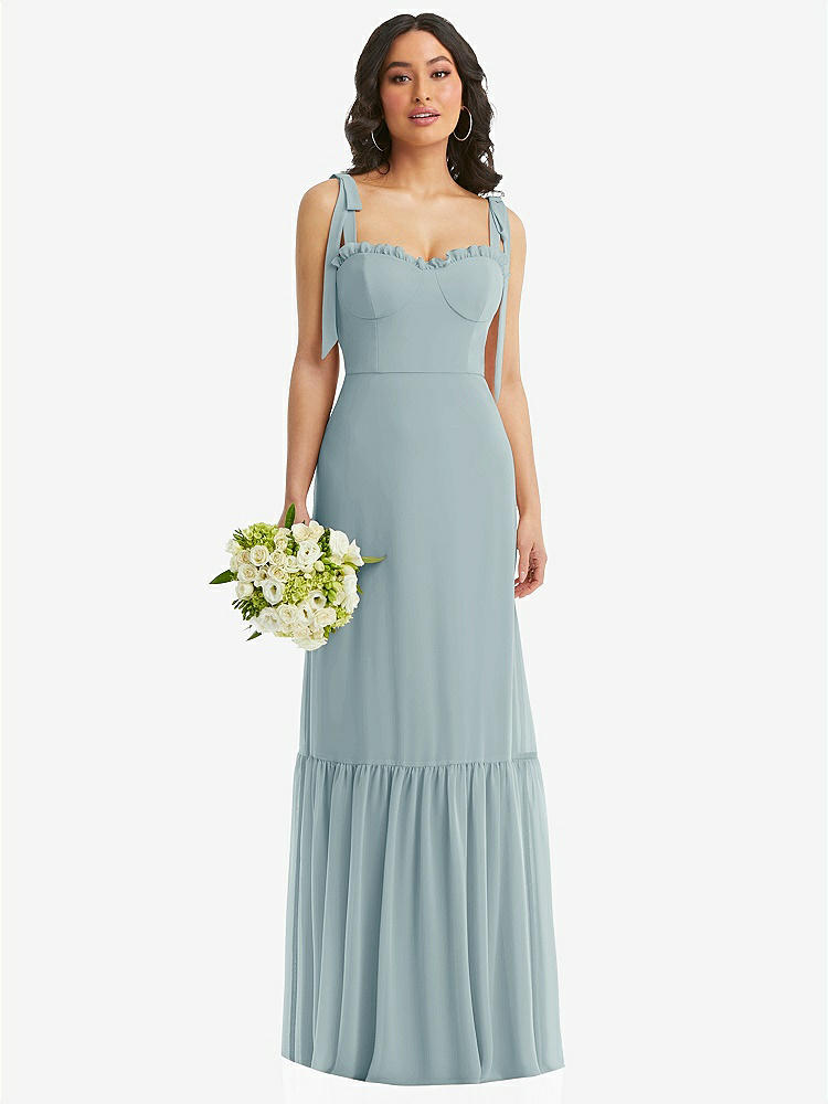 【STYLE: 1570】Tie-Shoulder Bustier Bodice Ruffle-Hem Maxi Dress【COLOR: Morning Sky】
