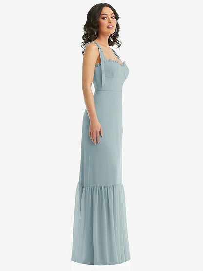 【STYLE: 1570】Tie-Shoulder Bustier Bodice Ruffle-Hem Maxi Dress【COLOR: Morning Sky】