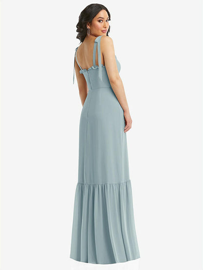 【STYLE: 1570】Tie-Shoulder Bustier Bodice Ruffle-Hem Maxi Dress【COLOR: Morning Sky】