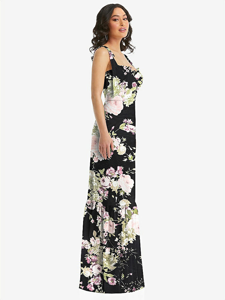 【STYLE: 1570】Tie-Shoulder Bustier Bodice Ruffle-Hem Maxi Dress【COLOR: Noir Garden】