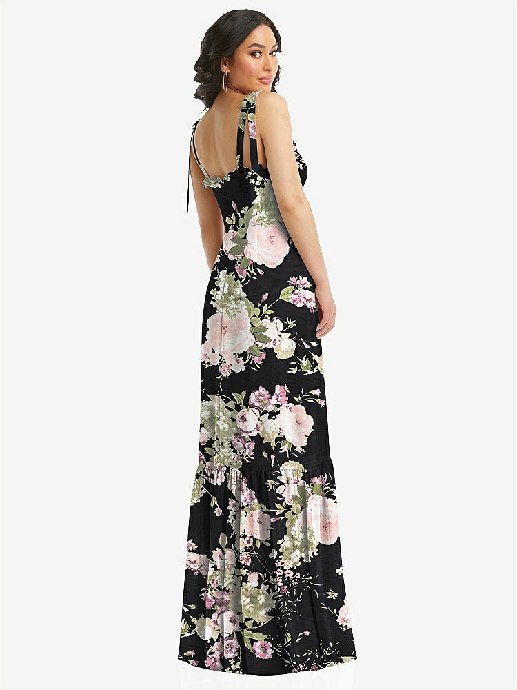 【STYLE: 1570】Tie-Shoulder Bustier Bodice Ruffle-Hem Maxi Dress【COLOR: Noir Garden】