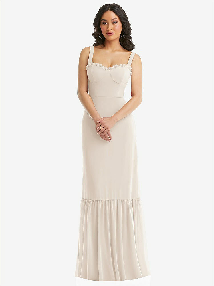 【STYLE: 1570】Tie-Shoulder Bustier Bodice Ruffle-Hem Maxi Dress【COLOR: Oat】