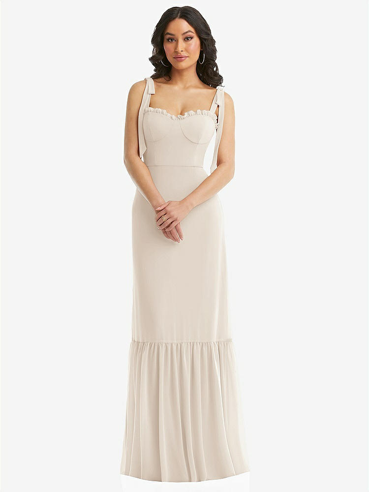 【STYLE: 1570】Tie-Shoulder Bustier Bodice Ruffle-Hem Maxi Dress【COLOR: Oat】