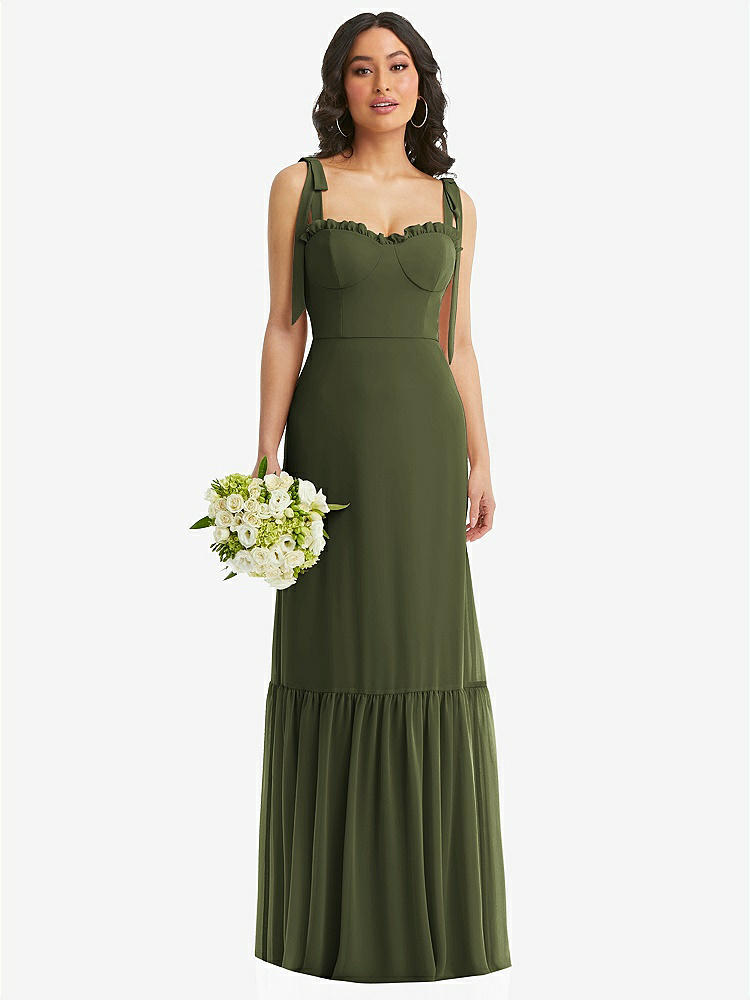 【STYLE: 1570】Tie-Shoulder Bustier Bodice Ruffle-Hem Maxi Dress【COLOR: Olive Green】