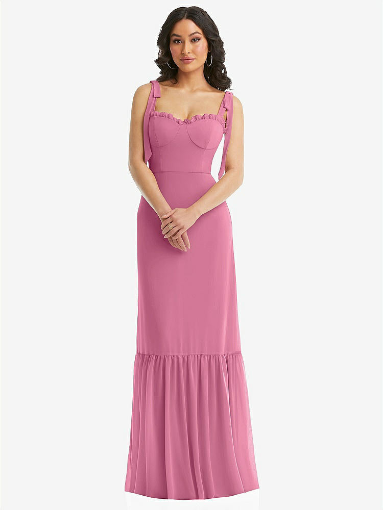 【STYLE: 1570】Tie-Shoulder Bustier Bodice Ruffle-Hem Maxi Dress【COLOR: Orchid Pink】