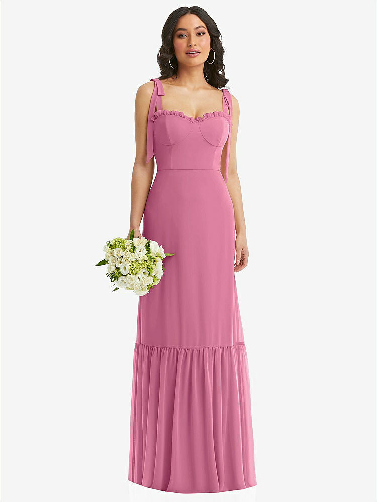 【STYLE: 1570】Tie-Shoulder Bustier Bodice Ruffle-Hem Maxi Dress【COLOR: Orchid Pink】