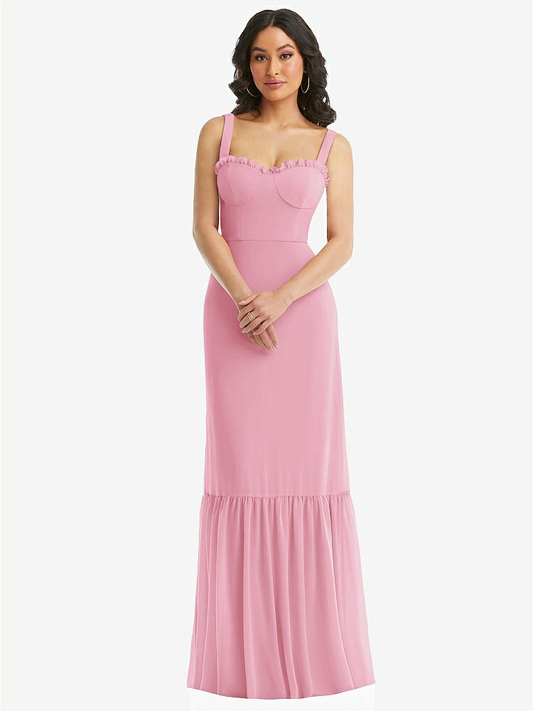 【STYLE: 1570】Tie-Shoulder Bustier Bodice Ruffle-Hem Maxi Dress【COLOR: Peony Pink】