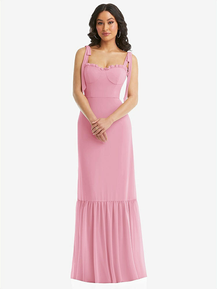 【STYLE: 1570】Tie-Shoulder Bustier Bodice Ruffle-Hem Maxi Dress【COLOR: Peony Pink】