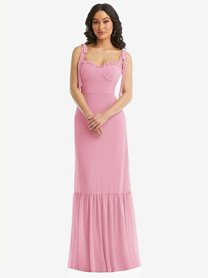 【STYLE: 1570】Tie-Shoulder Bustier Bodice Ruffle-Hem Maxi Dress【COLOR: Peony Pink】