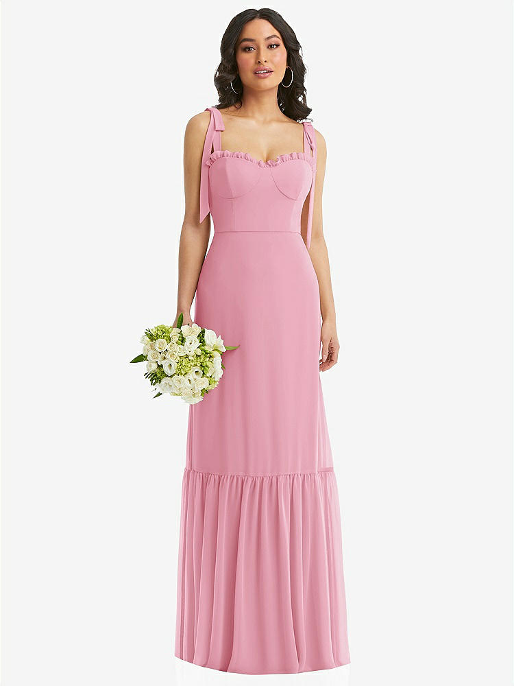 【STYLE: 1570】Tie-Shoulder Bustier Bodice Ruffle-Hem Maxi Dress【COLOR: Peony Pink】