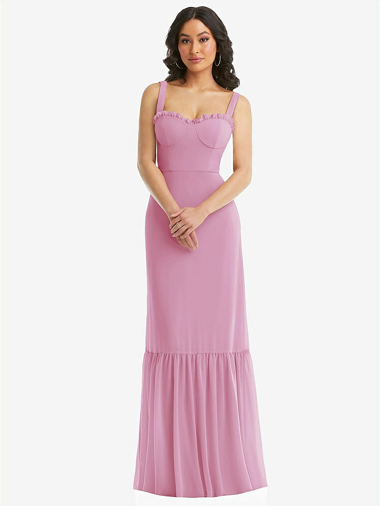 【STYLE: 1570】Tie-Shoulder Bustier Bodice Ruffle-Hem Maxi Dress【COLOR: Powder Pink】