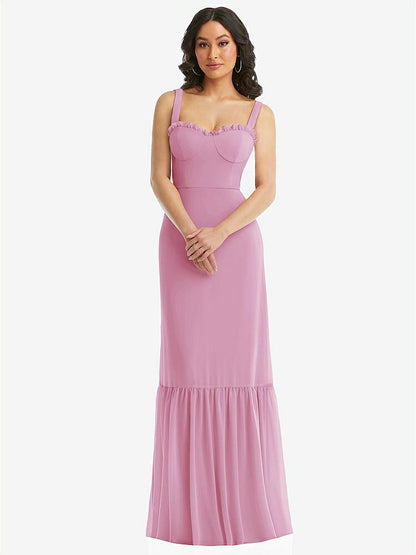【STYLE: 1570】Tie-Shoulder Bustier Bodice Ruffle-Hem Maxi Dress【COLOR: Powder Pink】