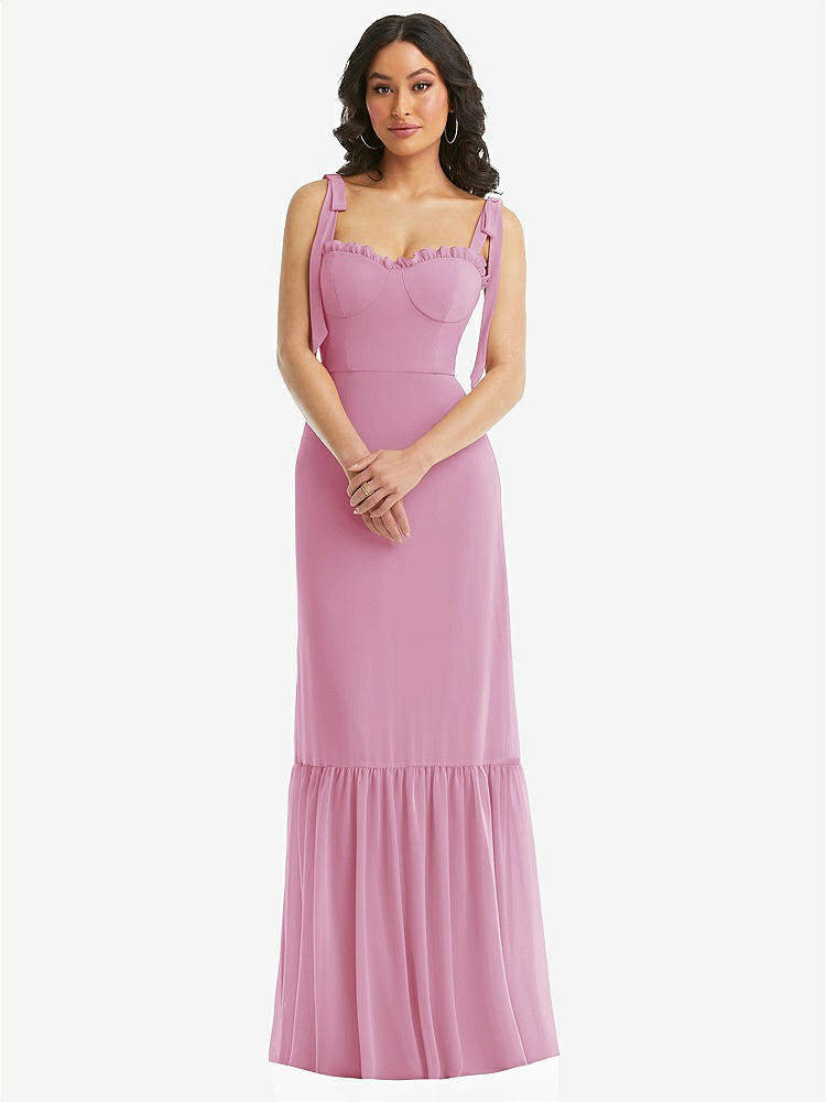 【STYLE: 1570】Tie-Shoulder Bustier Bodice Ruffle-Hem Maxi Dress【COLOR: Powder Pink】