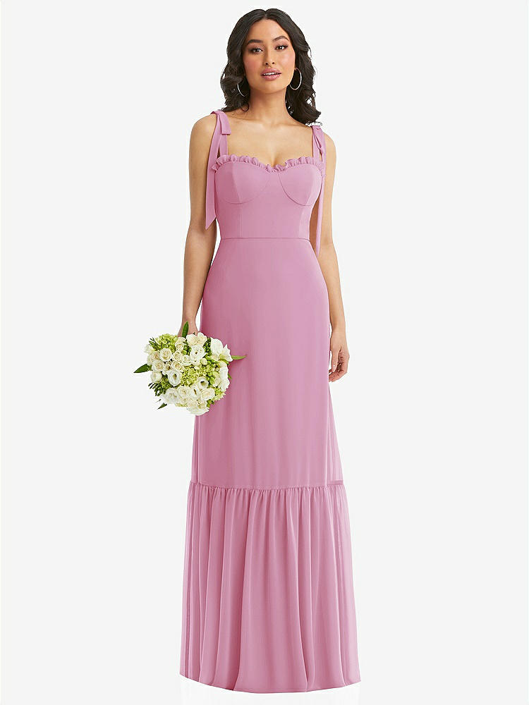 【STYLE: 1570】Tie-Shoulder Bustier Bodice Ruffle-Hem Maxi Dress【COLOR: Powder Pink】