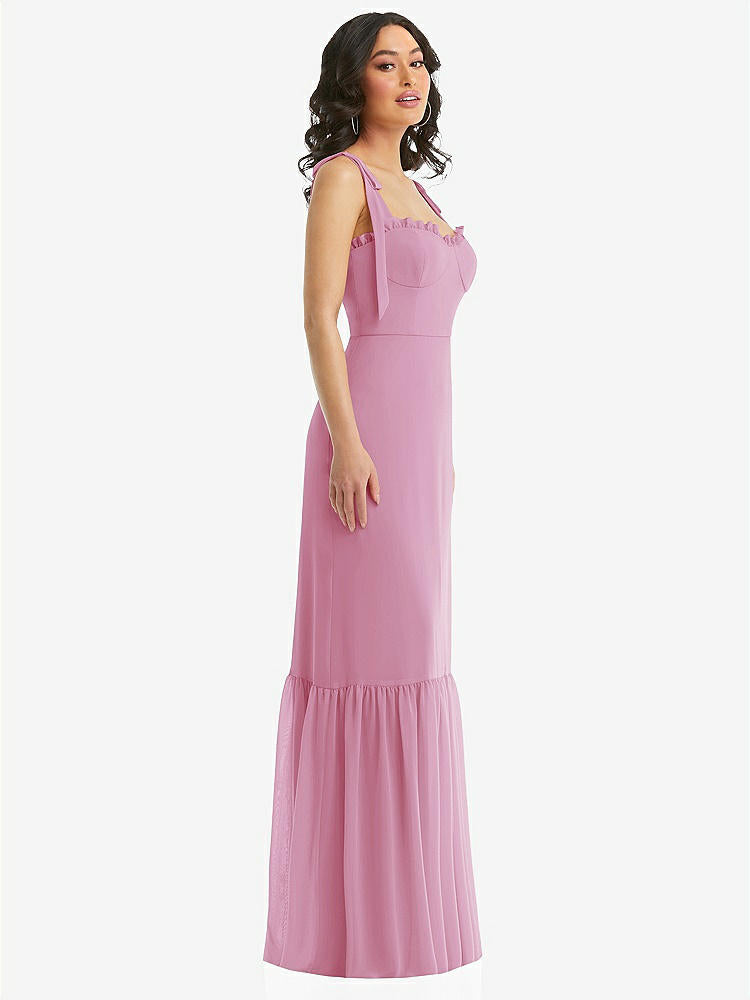 【STYLE: 1570】Tie-Shoulder Bustier Bodice Ruffle-Hem Maxi Dress【COLOR: Powder Pink】