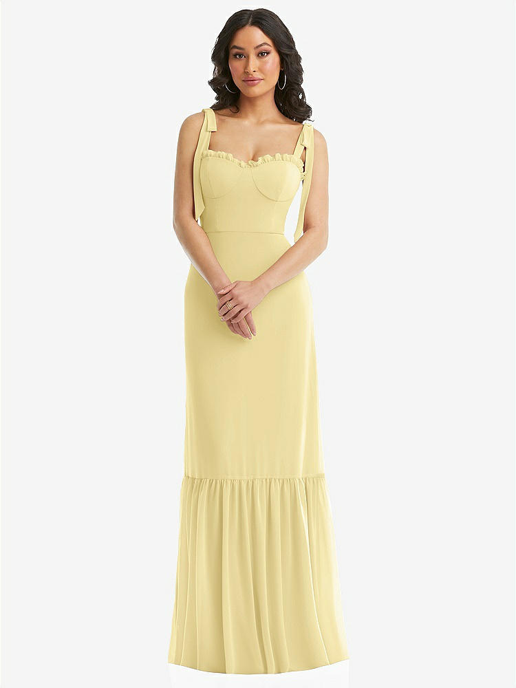 【STYLE: 1570】Tie-Shoulder Bustier Bodice Ruffle-Hem Maxi Dress【COLOR: Pale Yellow】