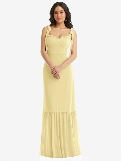 【STYLE: 1570】Tie-Shoulder Bustier Bodice Ruffle-Hem Maxi Dress【COLOR: Pale Yellow】