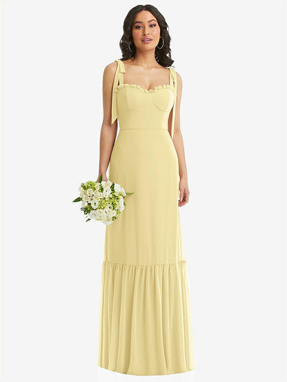 【STYLE: 1570】Tie-Shoulder Bustier Bodice Ruffle-Hem Maxi Dress【COLOR: Pale Yellow】