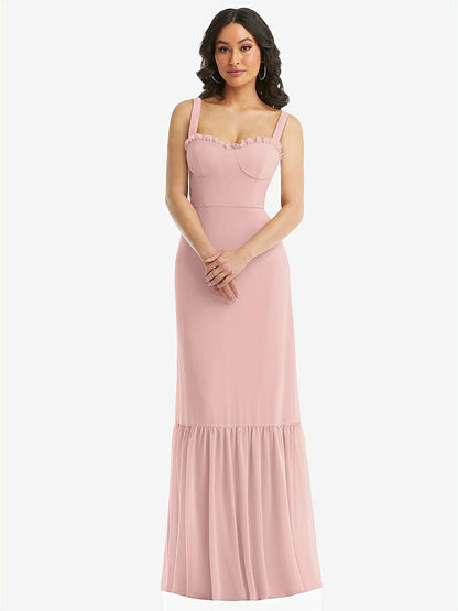 【STYLE: 1570】Tie-Shoulder Bustier Bodice Ruffle-Hem Maxi Dress【COLOR: Rose - PANTONE Rose Quartz】