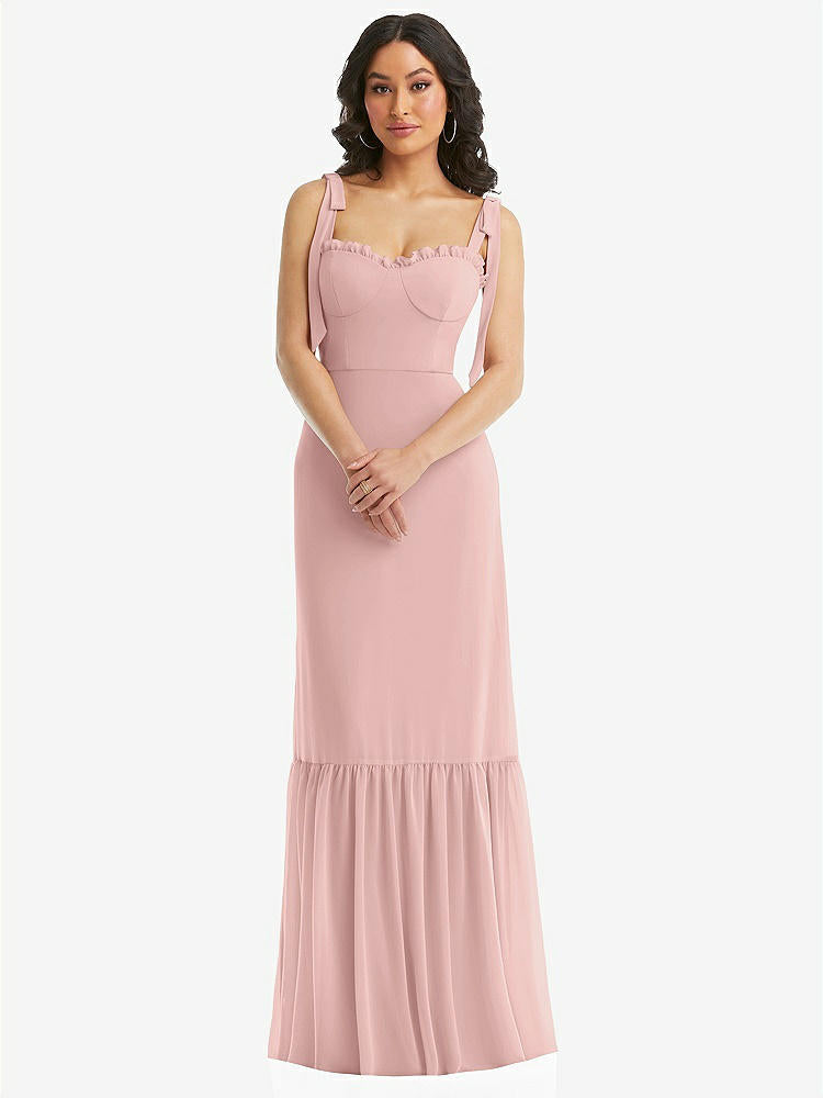 【STYLE: 1570】Tie-Shoulder Bustier Bodice Ruffle-Hem Maxi Dress【COLOR: Rose - PANTONE Rose Quartz】
