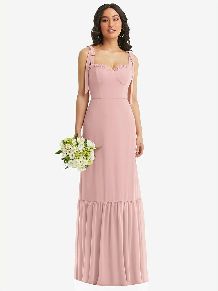 【STYLE: 1570】Tie-Shoulder Bustier Bodice Ruffle-Hem Maxi Dress【COLOR: Rose - PANTONE Rose Quartz】
