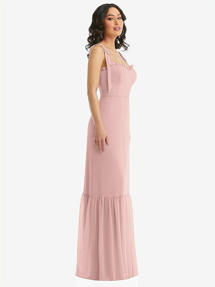 【STYLE: 1570】Tie-Shoulder Bustier Bodice Ruffle-Hem Maxi Dress【COLOR: Rose - PANTONE Rose Quartz】