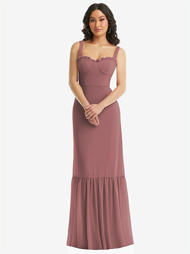 【STYLE: 1570】Tie-Shoulder Bustier Bodice Ruffle-Hem Maxi Dress【COLOR: Rosewood】