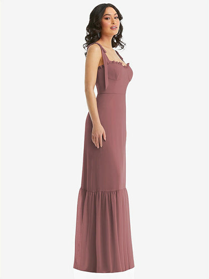 【STYLE: 1570】Tie-Shoulder Bustier Bodice Ruffle-Hem Maxi Dress【COLOR: Rosewood】