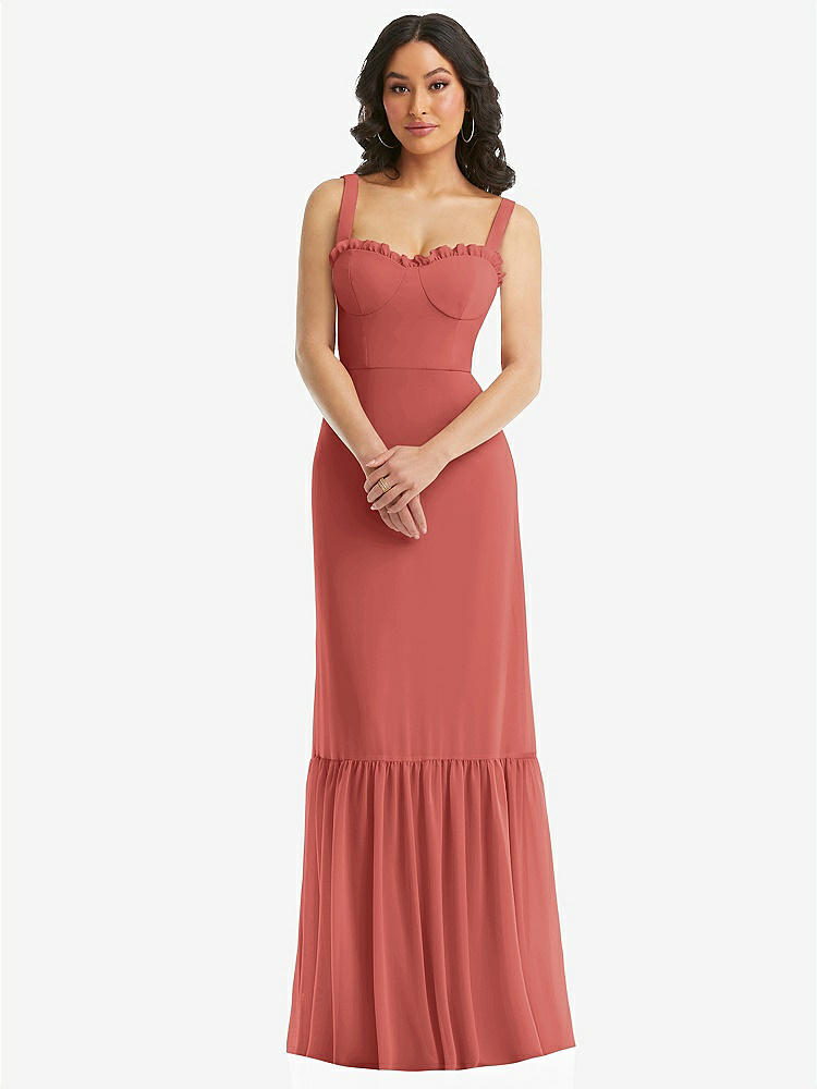 【STYLE: 1570】Tie-Shoulder Bustier Bodice Ruffle-Hem Maxi Dress【COLOR: Coral Pink】