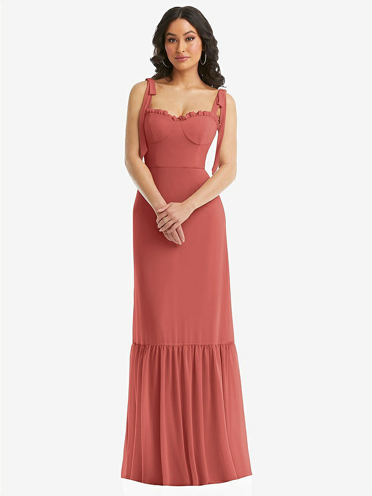 【STYLE: 1570】Tie-Shoulder Bustier Bodice Ruffle-Hem Maxi Dress【COLOR: Coral Pink】