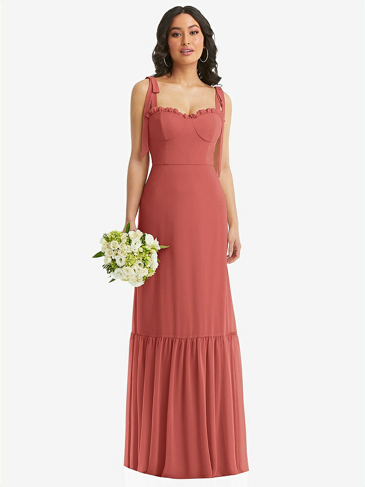 【STYLE: 1570】Tie-Shoulder Bustier Bodice Ruffle-Hem Maxi Dress【COLOR: Coral Pink】