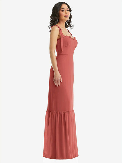 【STYLE: 1570】Tie-Shoulder Bustier Bodice Ruffle-Hem Maxi Dress【COLOR: Coral Pink】