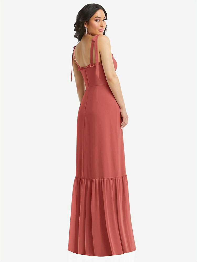 【STYLE: 1570】Tie-Shoulder Bustier Bodice Ruffle-Hem Maxi Dress【COLOR: Coral Pink】