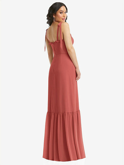 【STYLE: 1570】Tie-Shoulder Bustier Bodice Ruffle-Hem Maxi Dress【COLOR: Coral Pink】