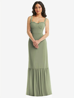 【NEW】【STYLE: 1570】タイショルダー ビュスティア ボディス フリルヘム マキシ ドレス【COLOR: Sage】【SIZE: 00-30W】