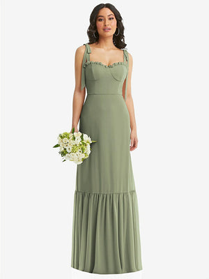 【NEW】【STYLE: 1570】タイショルダー ビュスティア ボディス フリルヘム マキシ ドレス【COLOR: Sage】【SIZE: 00-30W】